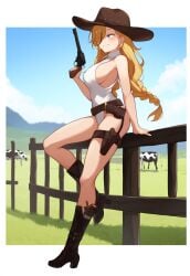 1girls ai_generated ass bare_arms bare_back bare_legs bare_shoulders blonde_hair blue_eyes boots braid braided_hair breasts cleavage clothed clothing cow_girl cowboy_hat farm farmgirl female fence full_body gun heel_boots heels knee_up large_breasts legs long_hair looking_at_viewer looking_back nipple_bulge nipples nipples_covered nipples_visible_through_clothing original original_character revolver shiny_skin sideboob skinny smile smiling thighs western wild_west yeyehuh