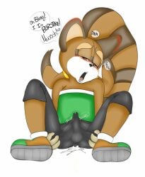 animated anthro blush cub cum dialogue ejaculation erection erection_under_clothes furry futa_only futanari kitsu_(artist) marine_the_raccoon orgasm penis sega shirt shoes shorts sonic_(series)