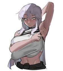 abs arm_over_breasts armpits big_breasts midriff monkey_magic3 simple_background solo spreading_armpit white_eyes white_hair