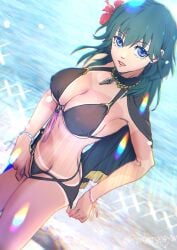 alternate_costume bikini black_bikini black_swimsuit blue_eyes breasts byleth_(female)_(fire_emblem) byleth_(female)_(summer)_(fire_emblem) byleth_(fire_emblem) byleth_(fire_emblem)_(female) byleth_(summer)_(fire_emblem)_(female) female fire_emblem fire_emblem:_three_houses fire_emblem_heroes nintendo official_alternate_costume penkopeneya swimsuit teal_hair