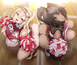 2girls animated areolae_slip ass ass_jiggle ass_to_ass bay_(nikke) black_choker black_hair blonde_hair blush breast_jiggle breasts cheerleader choker clay_(nikke) closed_mouth from_above goddess_of_victory:_nikke highres holding holding_pom_poms huge_ass large_breasts live2d long_hair looking_at_viewer looking_up multiple_girls open_mouth pom_pom_(cheerleading) pom_poms ponytail red_eyes satou_daiji smile tagme tongue tongue_out video