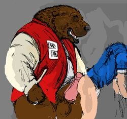 anal bear big_dom_small_sub bottomless buttjob clothed clothing cum dakota-bear human letterman_jacket male male_only mammal overweight sex size_difference yaoi