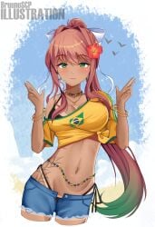 beads bracelet bracelets brazil bruunoscp curvy doki_doki_literature_club looking_at_viewer midriff_baring_shirt monika_(doki_doki_literature_club) peace_sign short_shorts tanned white_bow