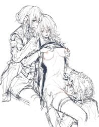 blush boobs_out breasts breasts_out chief_(path_to_nowhere) clothed clothed_sex clothes clothing cunnilingus dominant_female female female_chief_(path_to_nowhere) female_focus female_only mushmushie_bubu nightingale_(path_to_nowhere) path_to_nowhere pulling_sheets pussy pussy_eating scar scars shirt shirt_lift submissive_female threesome tit tits_out unbuttoned unbuttoned_pants vaginal_penetration vaginal_sex yuri