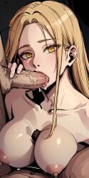 ai_generated blonde_hair blowjob blowjob_only breasts ceremon_vaughan cum_in_mouth fellatio hero_killer nipples oral oral_penetration oral_sex victoria_(hero_killer) webtoon yellow_eyes