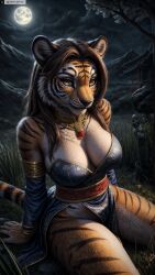 ai_generated animal_ears anthro artist_name breasts cleavage detached_sleeves female female_anthro full_moon furry furry_female hi_res high_resolution highres jewelry large_breasts long_hair looking_at_viewer moon necklace night orange_fur outdoors photorealistic realistic sitting sky solo stable_diffusion tail tiger_ears tiger_girl tiger_tail twitter twitter_username watermark yellow_eyes yiffyjiffy2 yiffyjiffy69