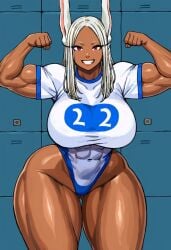 1girls abs ai_generated bunny_girl dark-skinned_male dark_skin female_only flexing flexing_bicep gluteal_fold huge_breasts leotard locker_room mirko miruko muscular muscular_female my_hero_academia posing_for_the_viewer rabbit_ears rabbit_girl red_eyes rumi_usagiyama solo tagme thick_ass thick_thighs tight_clothing wide_hips