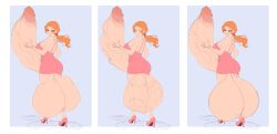 1girls 2futas balls ballsack big_balls big_breasts breasts butt_outline cock_bulge cock_vore digestion futa_on_female futa_on_futa futanari_pred huge_balls huge_breasts huge_cock hugsandv0re humanoid hyper hyper_balls hyper_penis orange_hair pink_dress pink_heels red_hair sequence vore