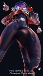 1futa 3d bodysuit bulge chainsmoker dialogue futa_only futanari gigantic_penis huge_bulge huge_cock human juno_(overwatch) low-angle_view overwatch overwatch_2 penis skin_tight solo standing teo_minh text