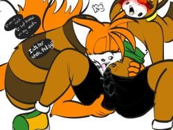 anthro dialogue erection erection_under_clothes fully_clothed furry futanari kitsu_(artist) licking_penis male marine_the_raccoon oral penis sega shirt shorts sonic_(series) tails_the_fox