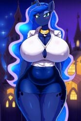 ai_generated anthro blue_body blue_eyes blue_eyeshadow blue_hair blush breasts_bigger_than_head cleavage collar eyeshadow female female_focus furry furry_female furry_focus furry_only giant_breasts large_breasts looking_at_viewer majorfluffy mature_female my_little_pony night nipple_bulge novelai overflowing_cleavage princess_luna_(mlp) short_skirt smile thick_thighs tight_skirt wide_hips