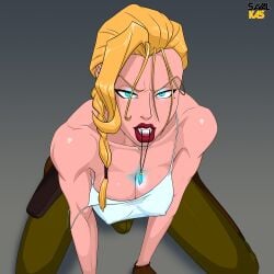 atlantis:_the_lost_empire blonde_hair breasts camisole cleavage erection_under_clothes futa_only futanari glowing_eyes helga_sinclair human intersex kneeling looking_at_viewer medium_breasts muscular necklace_in_mouth pants savalkas