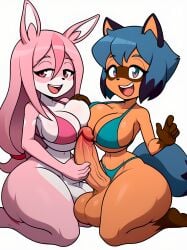 2futas ai_generated anthro big_breasts bikini brand_new_animal duo furry futanari hand_on_breast handjob kneeling looking_at_viewer michiru_kagemori nazuna_hiwatashi simple_background simple_shading virtuai