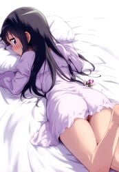 ai_generated akemi_homura artist_logo ass ass_focus ass_visible_through_thighs back_view black_hair highres laying laying_on_bed laying_on_stomach long_hair looking_back madoka_worship magical_girl mahou_shoujo_madoka_magica pijama puella_magi_madoka_magica purple_eyes ribbon straight_hair