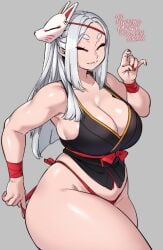 big_breasts huge_breasts kitsune_mask ryo_agawa thick_thighs voluptuous_female white_hair