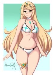 alternate_costume blonde_hair breasts core_crystal female female_only mythra nintendo pointy_chin solo sonicheroxd swimsuit xenoblade_(series) xenoblade_chronicles_2