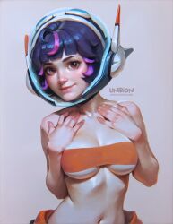 1girl 2024 ai_assisted ai_generated artist_name bangs bare_shoulders breast_suppress breasts brown_eyes closed_mouth collarbone colored grey_background hands_on_own_chest helmet juno_(overwatch) large_breasts lips looking_at_viewer medium_breasts multicolored_hair navel nose overwatch overwatch_2 pink_hair portrait purple_hair self_upload shaded short_hair simple_background smile solo space_helmet strapless streaked_hair uncensored underboob unirion upper_body watermark web_address