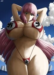 1girls artist_name bikini breasts curvy female hime_cut huge_breasts large_breasts long_hair looking_at_viewer looking_down navel nazi ocean pink_hair sakura_kawakami sky solo square_bikini swastika thick_thighs woomler