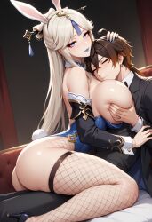 1boy 1girls 1male 1milf ai_generated big_ass big_breasts black_hair blue_eyes blue_lipstick breast_grab bunny_girl bunny_tail bunnysuit civitai closed_mouth fishnet_legwear fishnet_stockings genshin_impact hair_ornament hoyoverse kneeling lipstick looking_at_viewer lying mihoyo milf ningguang_(genshin_impact) sitting sitting_on_person sleeves smothering smothering_breast stockings suit vicixx white_hair zhongli_(genshin_impact)