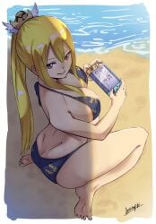 1girls artist_request beach bikini blonde_hair cleavage fairy_tail huge_breasts kneeling nintendo_switch ponytail red_eyes seaside selene_(fairy_tail)