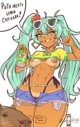 1girls algozhell areola ass big_ass big_thighs brazil brazilian brazilian_female brazilian_miku breasts butt capybara cyan_eyes cyan_hair female female_only green_hair hatsune_miku huge_thighs latin_american_hatsune_miku_(meme) long_hair looking_at_viewer medium_breasts nipples portuguese portuguese_dialogue pussy shirt shorts solo tagme tan tan-skinned_female tan_body tan_skin thick_hips thick_thighs thighs thong twintails vocaloid yellow_shirt