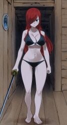 1girls barefoot bikini blue_tattoo blush brown_eyes cleavage erza_scarlet fairy_tail fairy_tail_mark female female_only gaston18 hair_over_one_eye holding_weapon huge_breasts looking_at_viewer revealing_clothes sword tattoo tattoo_on_arm tattooed_arm voluptuous