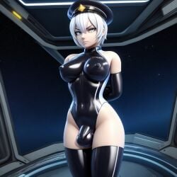 1futa 1futanari 1girl 1girls ai_background ai_generated angry arms_behind_back armwear breasts bulge bulge_through_clothing captain_hat elbow_gloves female frosting.ai futa_only futanari gloves hat hourglass_figure legwear looking_at_viewer military_ribbons miniplay navel_outline nipple_outline nipples serious_face serious_look short_hair solo solo_futa solo_futanari space space_ship space_station spaceship swimsuit tagme thighhighs white_eyes white_hair