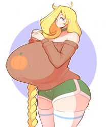 big_ass big_breasts blonde blonde_female blonde_hair braid cassie_(theycallhimcake) gigantic_breasts huge_breasts hyper_breasts large_breasts large_butt massive_breasts mug purple_eyes smile smiling_at_viewer solo solo_female sweater tall_female theycallhimcake