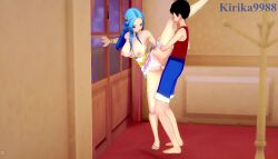 1boy 1girls 3d big_breasts blue_hair breasts female grabbing_legs kirika9988 legs_up male monkey_d_luffy nefertari_vivi nipples one_piece penetration pussy sex vaginal_penetration