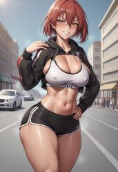 ai_generated bangs black_jacket blush breasts city cleavage covered_nipples cropped_hoodie dolphin_shorts eyebrows_visible_through_hair female grin gym_uniform hair_between_eyes hand_on_hip hoodie jacket large_breasts looking_at_viewer lvl_(sentrythe2310)_(style) midriff navel original red_hair self_upload short_hair shorts smile solo sports_bra standing sweat thick_thighs thighs toned toned_female yellow_eyes