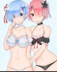 bikini blue_eyes blue_hair pink_eyes pink_hair ram_(re:zero) re:zero_kara_hajimeru_isekai_seikatsu rem_(re:zero) twins