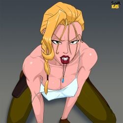 1girls 2d atlantis:_the_lost_empire beauty_mark beauty_mark_under_eye blonde_female blonde_hair camisole cleavage disney erect_nipples_under_clothes female female_only helga_sinclair kneeling looking_at_viewer medium_breasts mole mole_under_eye muscular necklace_in_mouth nipple_bulge no_bra on_knees pants red_lipstick savalkas solo