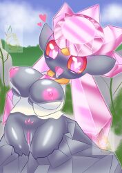 areola aroused bamangojuice bodily_fluids breasts diancie female game_freak generation_6_pokemon genital_fluids genitals grey_body heart_symbol hi_res humanoid legendary_pokemon nintendo pokemon pokemon_(species) pussy saliva solo vaginal_fluids