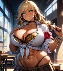 ai_generated big_breasts bimbo bimbo_body blonde_hair breasts collar curvy curvy_body curvy_female curvy_figure green_eyes gyaru hand_on_hip huge_breasts large_breasts leopard_print long_hair makeup oc piercing plump_lips school school_uniform schoolgirl shirt skirt smile starlightnex taller_girl tan_body tanned_female thick thick_legs thick_thighs voluptuous voluptuous_female