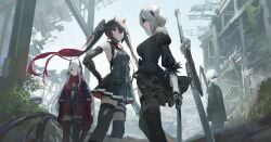 big_ass cleavage female female_focus female_only jeonghee1414 large_breasts long_hair lucia_(punishing:_gray_raven) nier:_automata punishing:_gray_raven thick_thighs white_skin wide_hips yorha_2b yorha_9s