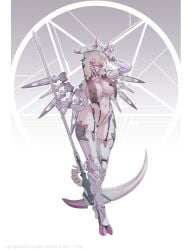 1girls android big_areola big_breasts bob_cut mecha pink_eyes purple_eyes scythe short_hair solo suertee34 thick_thighs thighhighs white_hair