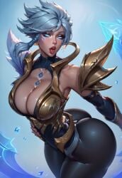 ai_generated big_ass big_breasts big_butt blue_eyes blue_hair bubble_butt civitai cleavage dawnbringer_riven female female_only huge_ass huge_breasts league_of_legends massive_ass riven rivenlover round_ass thick_thighs tight_clothing tongue_out