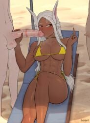 1girls 2boys abs animal_ears beach big_penis big_penis_adoration bikini blush breasts bunny_ears bunny_girl chaise_lounge dark-skinned_female dark-skinnedsub dark_skin evander huge_breasts imminent_interracial interracial kiss_marks light-skinned_male light_skin lipstick lipstick_mark lipstick_marks lipstick_on_balls lipstick_on_penis lipstick_ring middle_finger miruko muscular muscular_female my_hero_academia outdoors partial_male penis_kiss red_eyes red_nails rumi_usagiyama small_penis small_penis_humiliation swimsuit toned toned_female white_hair white_penis yellow_bikini