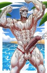 1boy abs almost_naked beach big_balls big_muscles big_pecs big_penis big_thighs cum cum_everywhere cum_on_face cum_on_pectorals cum_on_penis cum_on_thighs cum_on_upper_body cumming cumming_while_flexing cumshot ejaculation erect_nipples erection gay hands-free handsfree_ejaculation lanz_(xenoblade) muscles muscular_male naked nipples nude orgasm semen smile smiling smiling_at_viewer thong veiny_penis water wolfshirtart