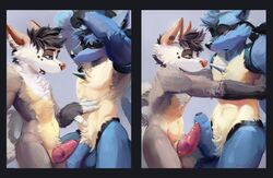 2boys animal_genitalia anthro balls blue_eyes blue_fur blush brown_fur canine canine_penis flaccid foreskin frottage furry gay glans humanoid_penis knot long_foreskin lucario male male_only mammal navel nintendo no_nipples nude open_mouth oselotti penis penises_touching pokemon pokemon_(species) raised_arm red_eyes sequence sheath side_view signature smile spikes standing testicles thick_penis uncircumcised uncut video_games white_fur