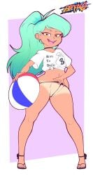 1girls beach_ball biffalo bratty choker green_hair looking_at_viewer lucy_(biffalo) open_mouth original_character petite ponytail sandals smile smiling smiling_at_viewer solo t-shirt tanline thong tugging_clothing yellow_eyes