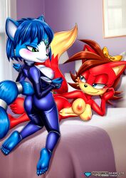 bbmbbf blue_fur blue_hair blush feet fiona_fox furry krystal krystal_(star_fox) looking_at_another mobius_unleashed nintendo palcomix red_fur red_hair sega soles sonic_(series) sonic_the_hedgehog_(series) star_fox toes undressing