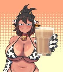 1female 1girls alternate_skin_color bell big_breasts choccy_milk chocolate_milk cow_print cow_print_armwear cow_print_bra cowbell female female_only kali_(littlej/zi19191) littlej_(zi19191) milo_(drink) nestle quieres? sole_female tagme tan_lines twitter_link