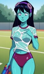 4kids_entertainment ai_generated alien alien_girl ass bigmic145 black_hair blue_eyes blue_skin breasts buruma female gym_clothes gym_uniform pointy_ears see-through see-through_clothing starlee_hambrath t-shirt tease teasing teenage_mutant_ninja_turtles teenage_mutant_ninja_turtles_(2003) tmnt tmnt_2003 water_fight wet wet_clothes wet_clothing