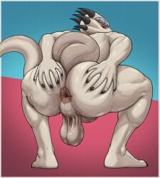 anthro anus ass backsack balls big_butt bodily_fluids crouching erection genitals hi_res humanoid_genitalia humanoid_penis lizard looking_at_viewer looking_back male muscular muscular_anthro muscular_male nude penis perineum presenting presenting_anus presenting_hindquarters reptile saggy_balls scalie simple_background solo spread_butt spreading sweat sweaty_balls sweaty_butt sweaty_genitalia sylos_(character) tail tall_lizzard_(artist) thick_thighs wide_hips