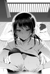 2boys black_hair blush bra bra_lift breast_squeeze breasts female futon greyscale highres inari_(inariya) inari_(kimitama0902yahoocojp) large_breasts long_hair mole mole_under_mouth monochrome motion_lines multiple_boys original paizuri penis precum pubic_hair shirt_lift solo_focus sweat underwear