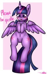 2016 alicorn ashee_cakes blush english_text equine feathered_wings feathers female feral friendship_is_magic fur hair horn looking_at_viewer mammal multicolored_hair my_little_pony purple_eyes purple_feathers purple_fur pussy solo text twilight_sparkle_(mlp) wings