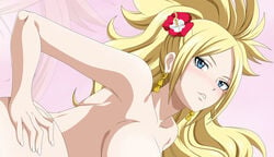 1girls bare_shoulders blonde_hair blue_eyes breasts earrings fairy_tail female flower gold hair_flower hair_ornament jenny_realight jewelry large_breasts long_hair no_bra nude open_mouth sideboob smile solo