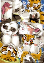 2014 anthro areola bear better_late_than_never big_breasts breast_sucking breasts closed_eyes comic daigaijin dreamworks erect_nipples feline female foreplay interspecies kung_fu_panda male mammal master_po_ping master_tigress nipples page_299 panda sex sucking tiger traditional_media_(artwork) watercolor_(artwork)