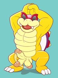 2016 anti_dev balls eyewear fur furry furry_only hi_res koopa koopaling male male_only mario_(series) motion_lines muscular nintendo nude open_mouth penis roy_koopa scalie shell simple_background smile solo spikes sunglasses swinging_penis tongue video_games